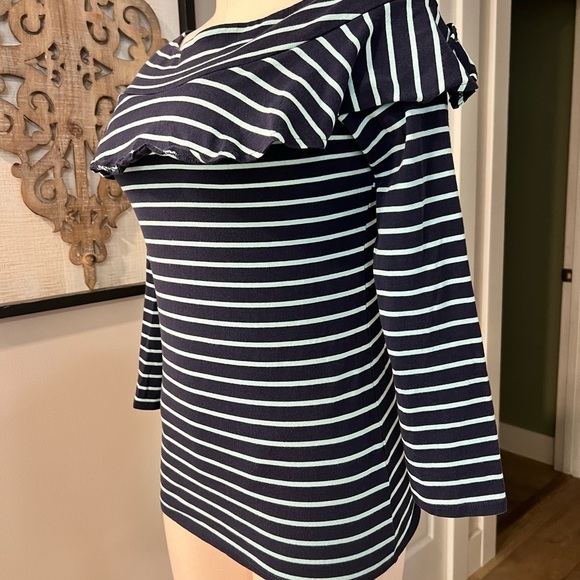 Anthropologie  Leifnotes navy and aqua 3/4 length sleeves top with ruffle - Picture 4 of 12